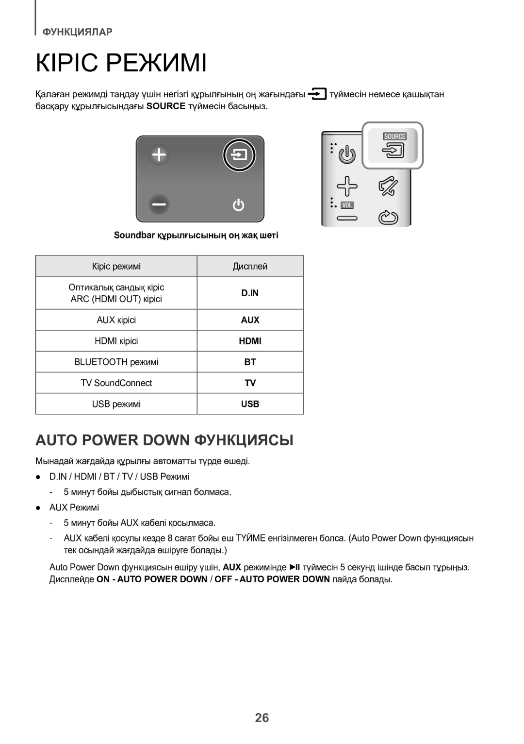 Samsung HW-K550/RU manual Кіріс Режимі, Auto Power Down Функциясы, Soundbar құрылғысының оң жақ шеті, Кіріс режимі Дисплей 