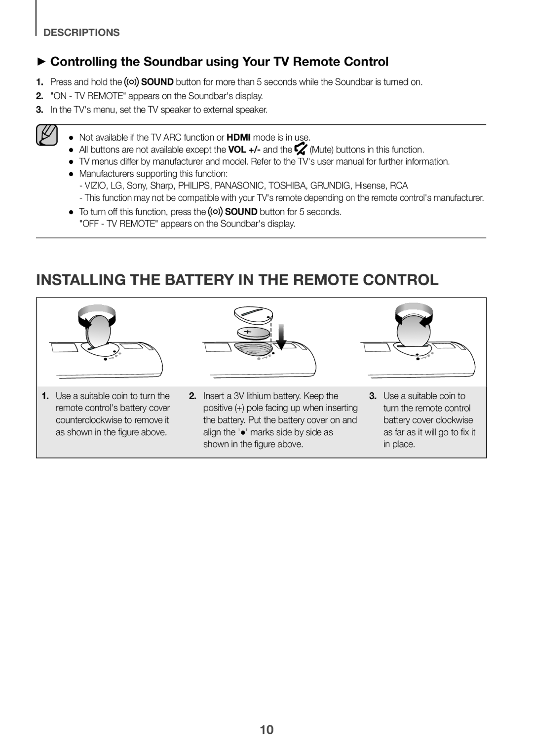 Samsung HW-K550/UM Installing the Battery in the Remote Control, ++Controlling the Soundbar using Your TV Remote Control 