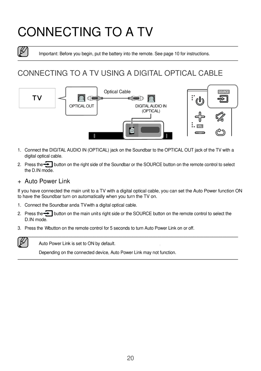 Samsung HW-K550/UM manual Connecting to a TV Using a Digital Optical Cable, ++Auto Power Link, Mode 