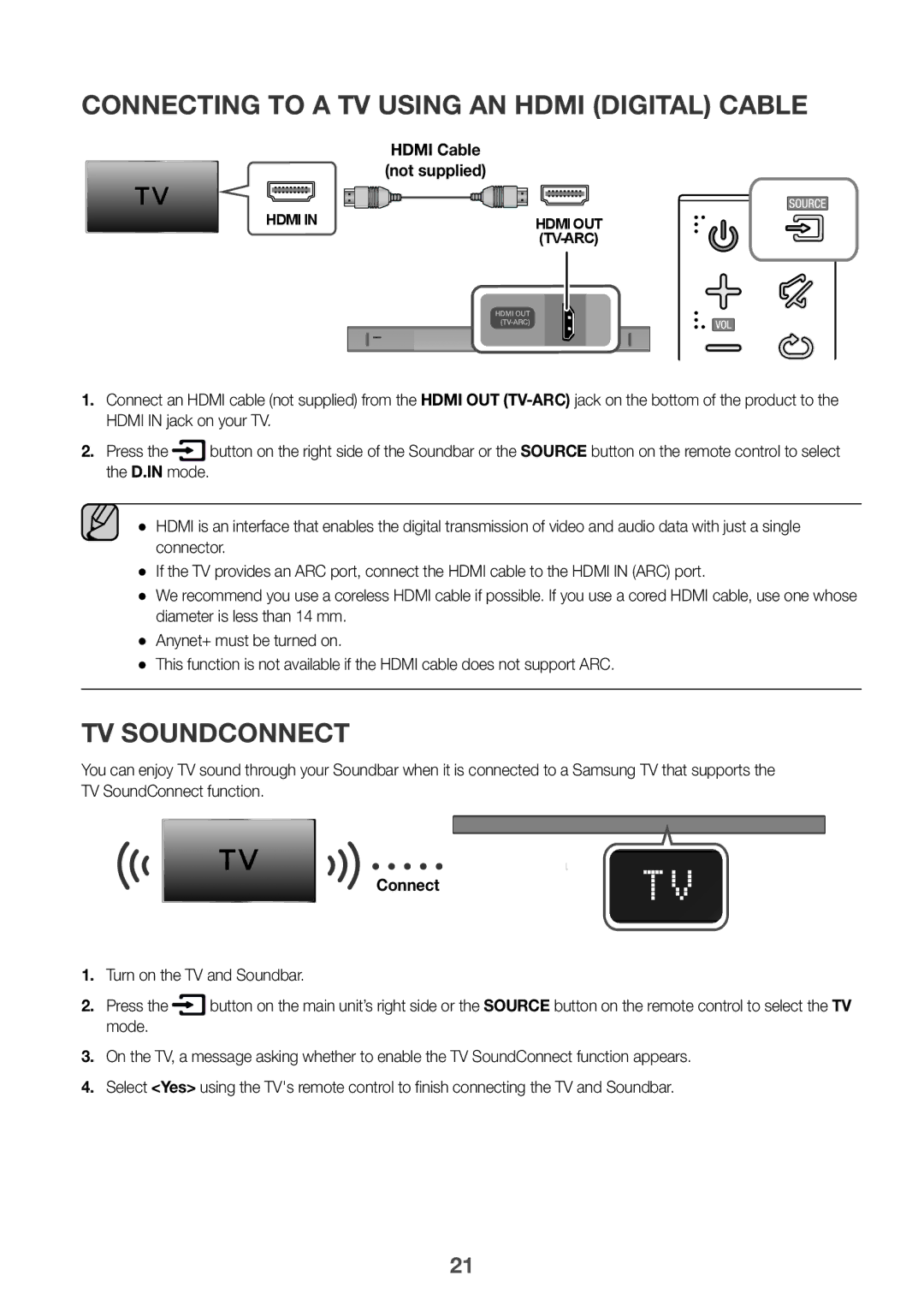 Samsung HW-K550/UM Connecting to a TV Using an Hdmi Digital Cable, TV SoundConnect, Turn on the TV and Soundbar Press 