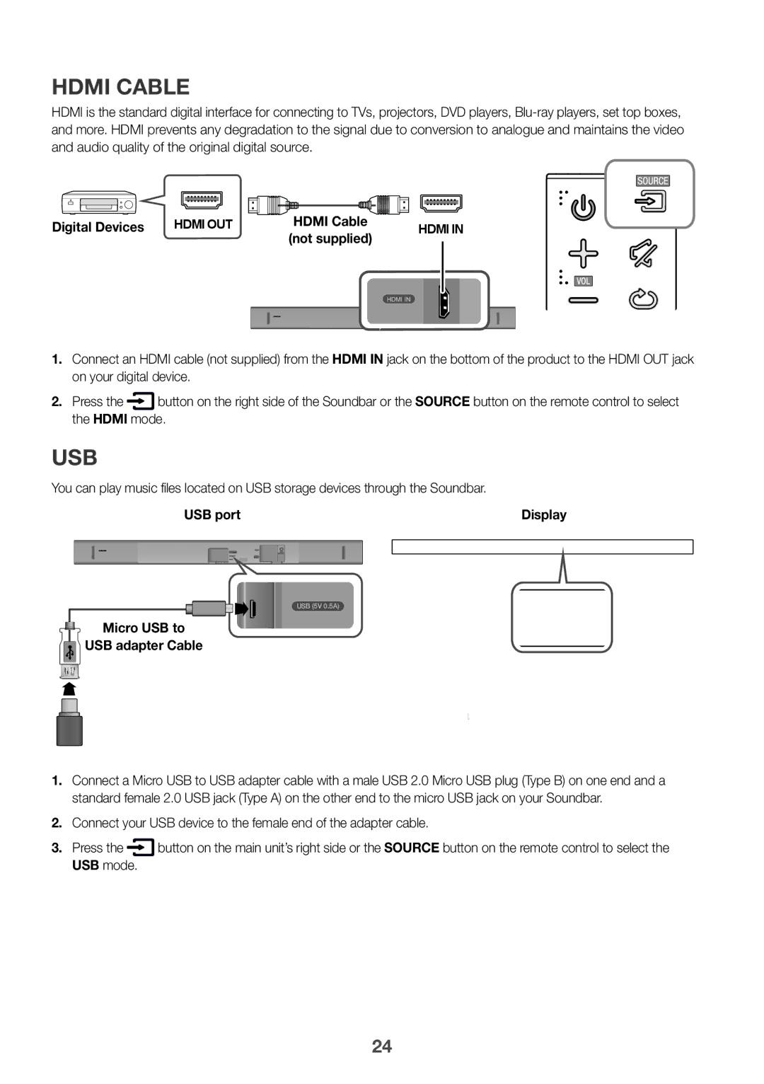 Samsung HW-K550/UM manual Hdmi Cable, Digital Devices, Hdmi mode, USB port Display Micro USB to USB adapter Cable, USB mode 