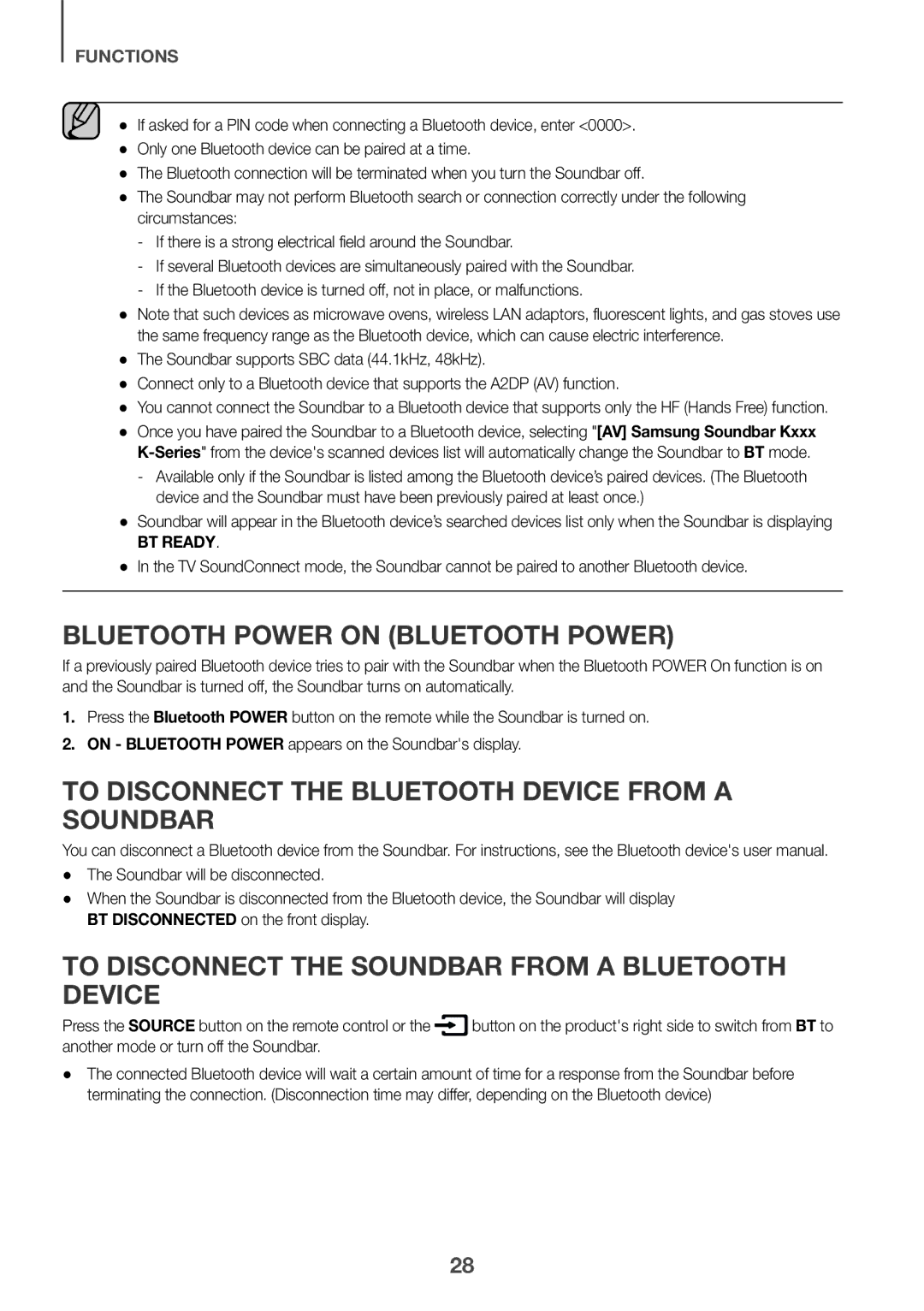 Samsung HW-K550/UM manual Bluetooth Power On Bluetooth Power, To disconnect the Bluetooth device from a Soundbar 