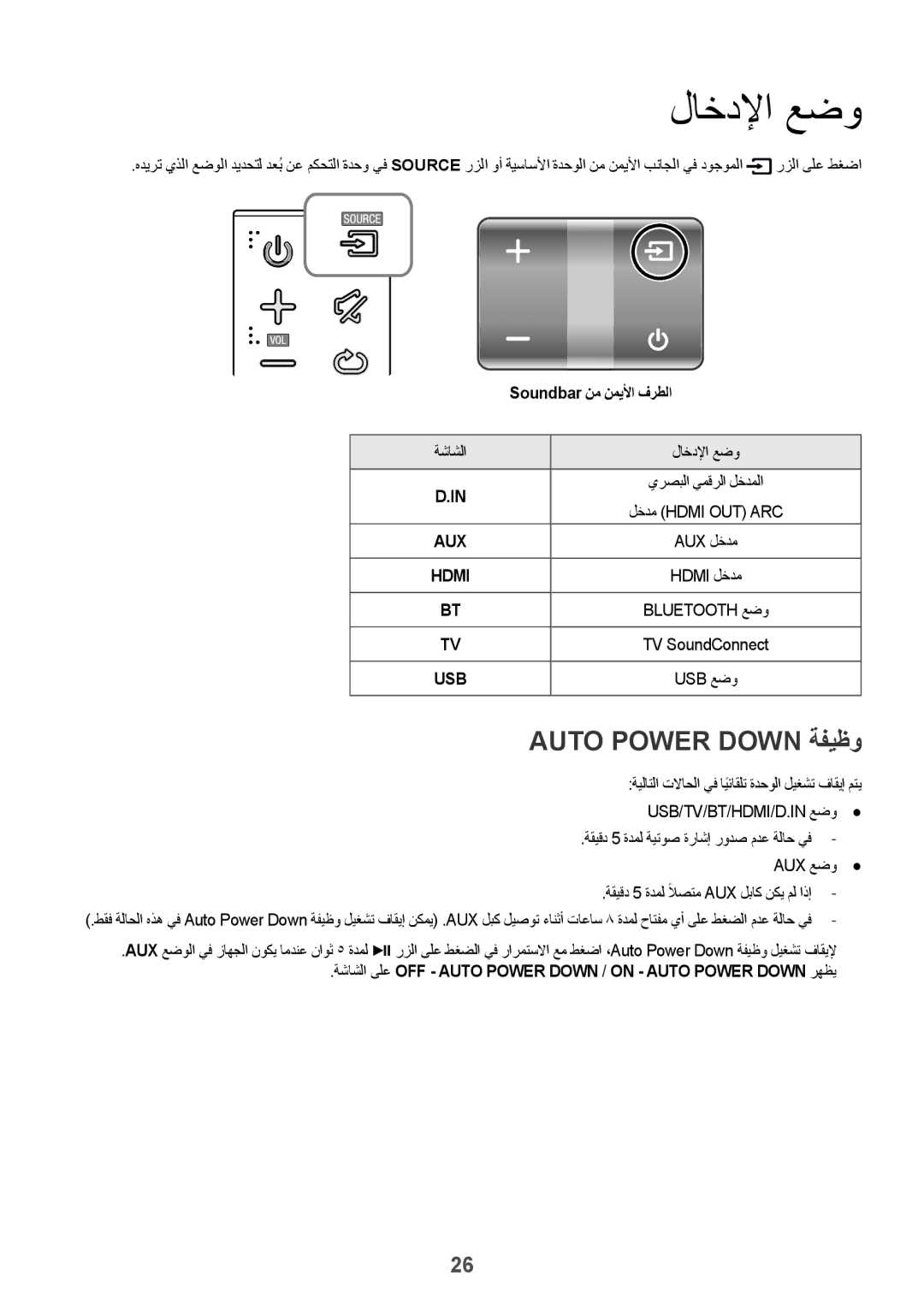 Samsung HW-K550/UM manual لاخدلإا عضو, Auto Power Down ةفيظو, Usb/‏Tv/‏Bt/‏‏ Hdmi/‏D.In عضو, Aux عضو 