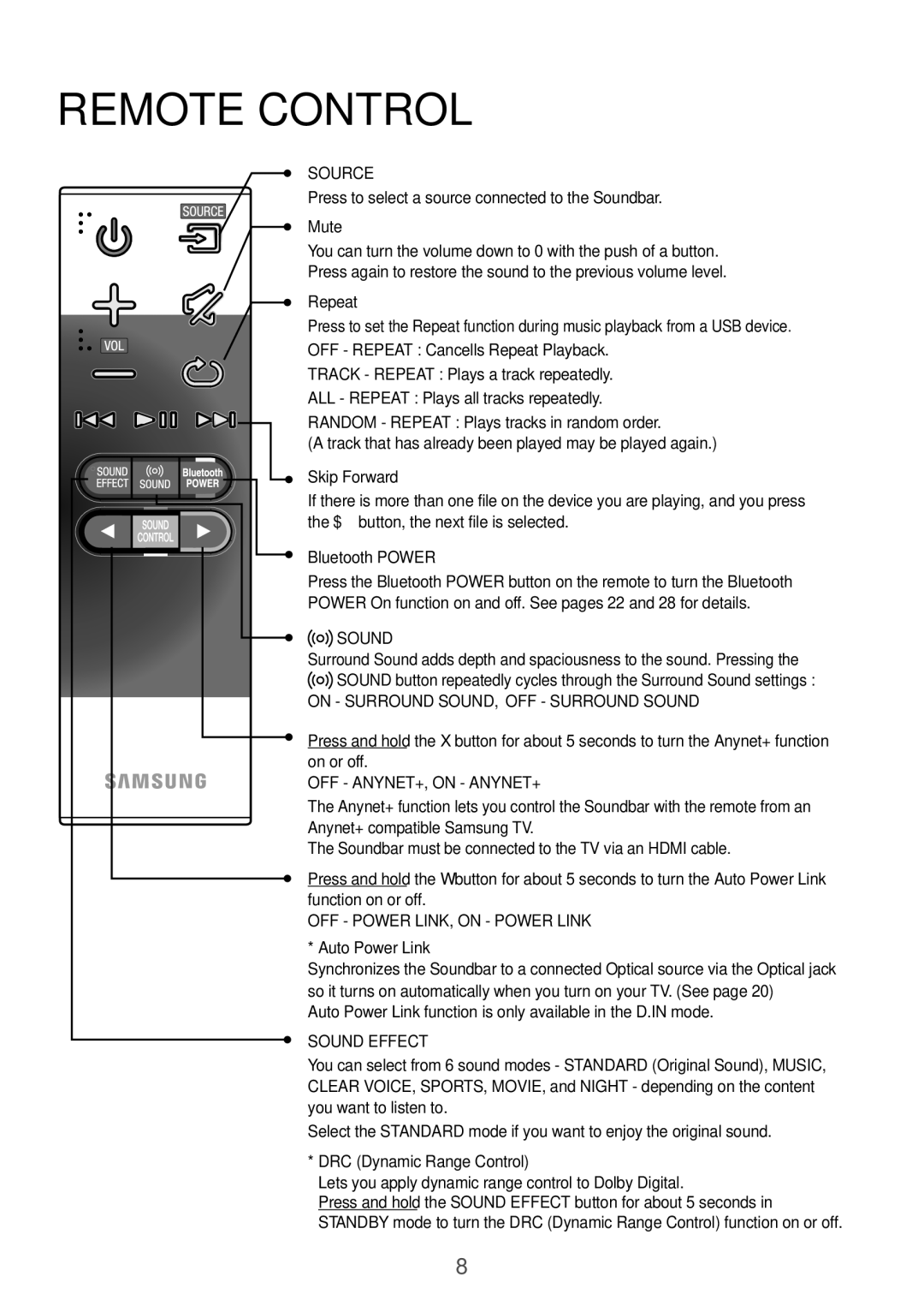 Samsung HW-K550/UM manual Remote Control 