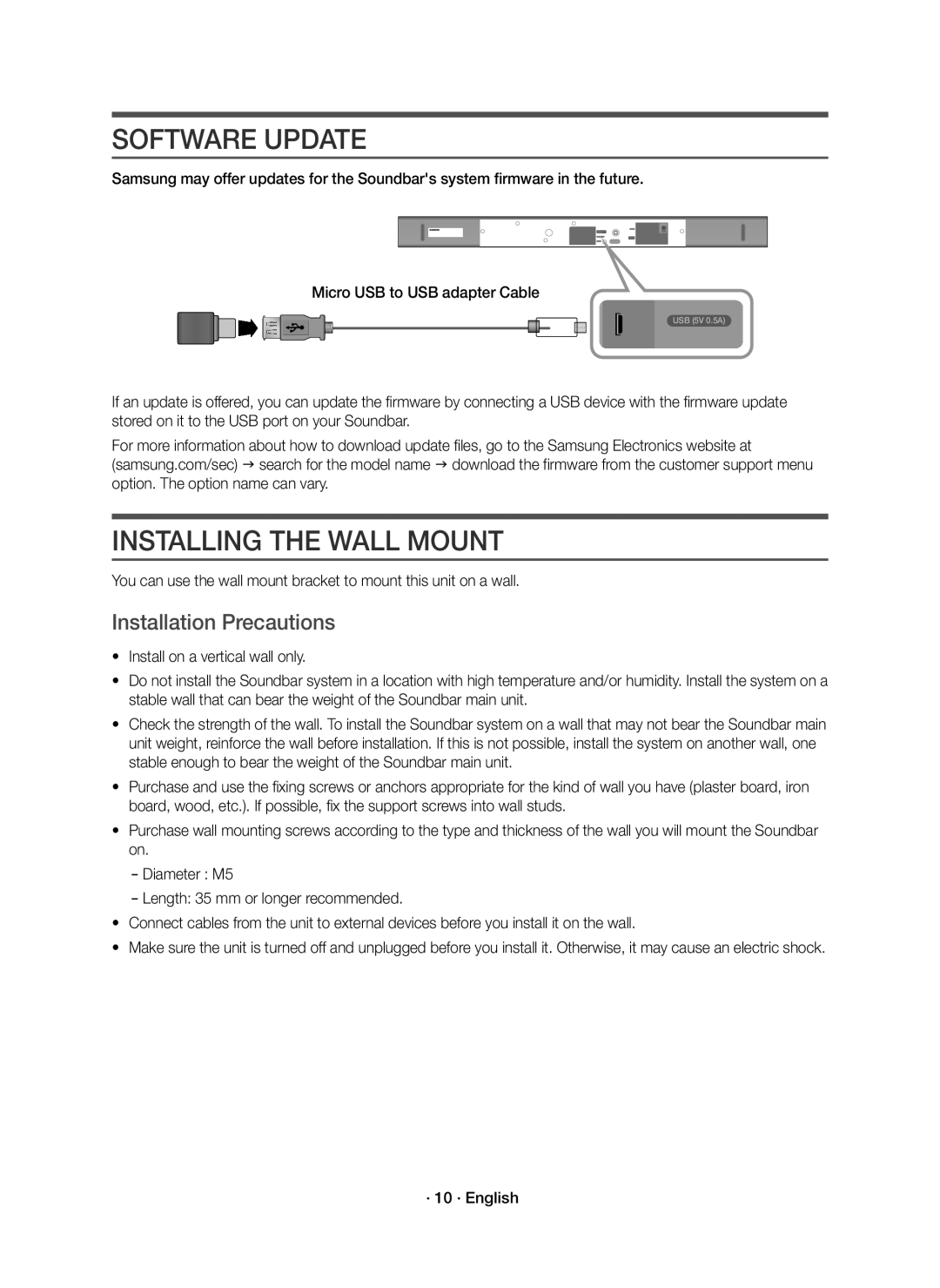 Samsung HW-K550/UM manual Software Update, Installing the Wall Mount, Installation Precautions, · 10 · English 