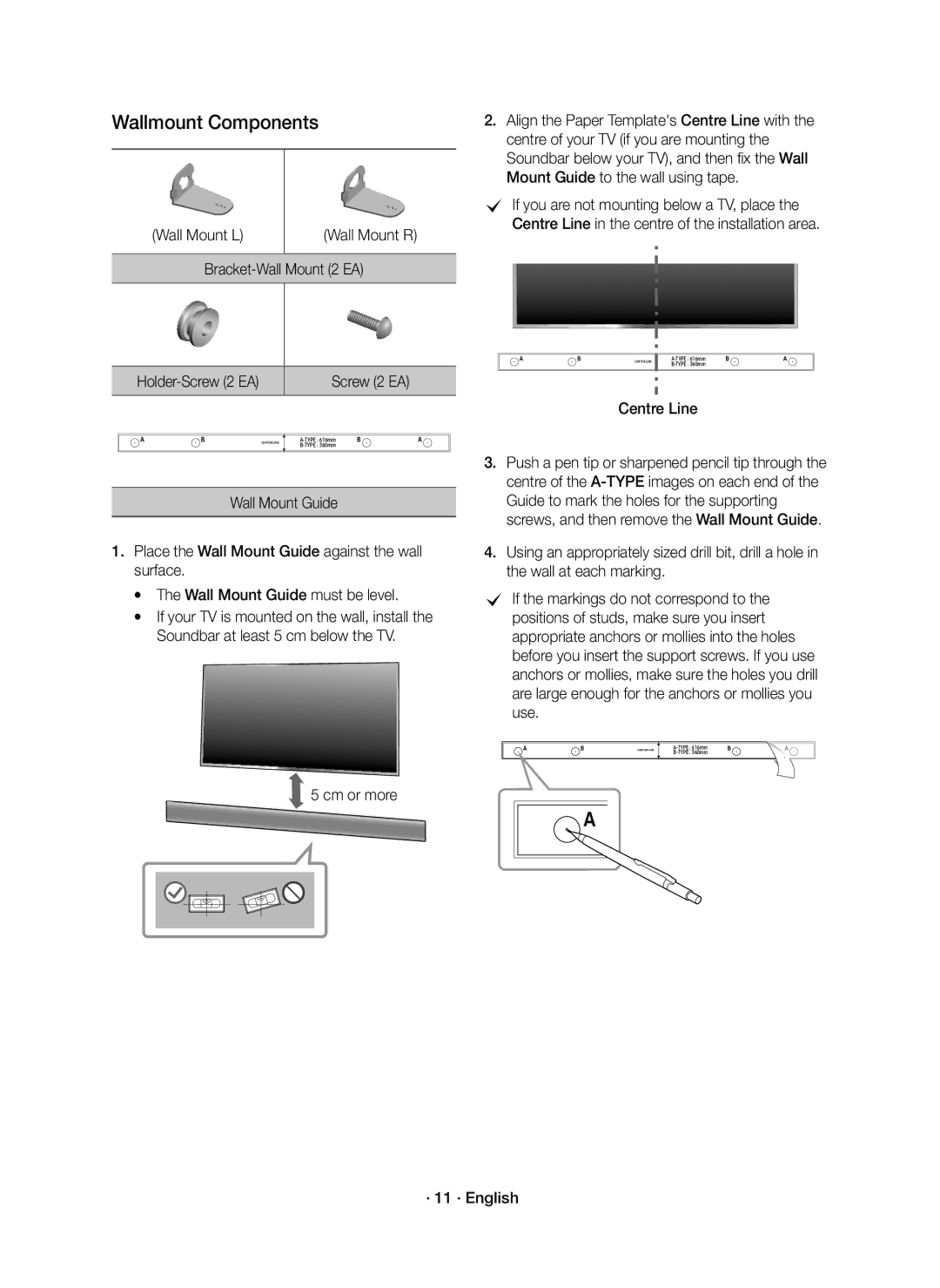 Samsung HW-K550/UM manual Wall Mount L, Bracket-Wall Mount 2 EA, Centre Line, Cm or more · 11 · English 