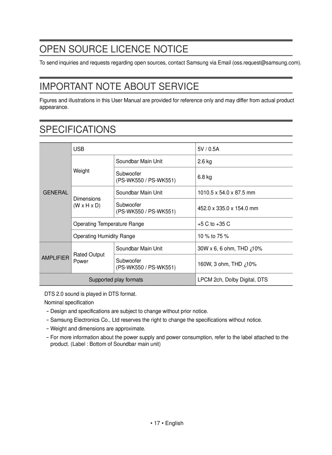 Samsung HW-K550/UM Open Source Licence Notice, Important Note about Service Specifications, 5V / 0.5A, PS-WK550 / PS-WK551 