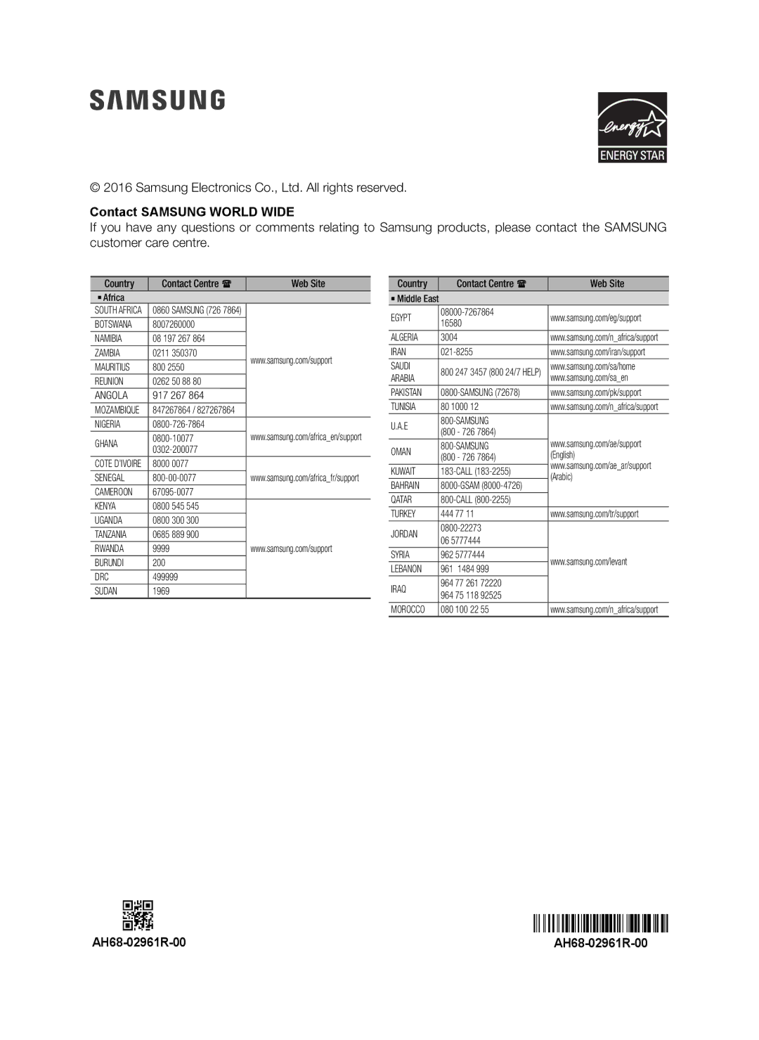 Samsung HW-K550/UM manual Contact Samsung World Wide, AH68-02961R-00 