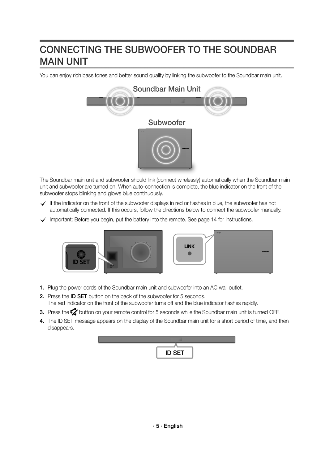 Samsung HW-K550/UM manual Connecting the Subwoofer to the Soundbar Main Unit, Soundbar Main Unit Subwoofer, · 5 · English 