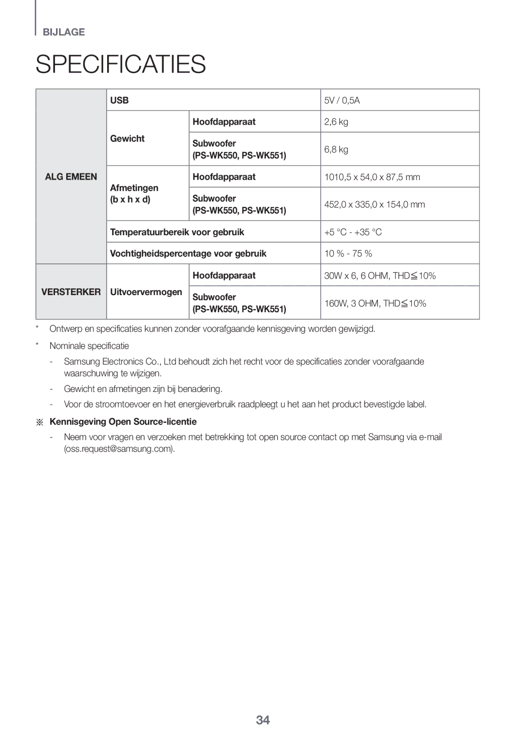 Samsung HW-K561/XE, HW-K551/EN manual Specificaties, Gewicht Hoofdapparaat Subwoofer, Aa Kennisgeving Open Source-licentie 