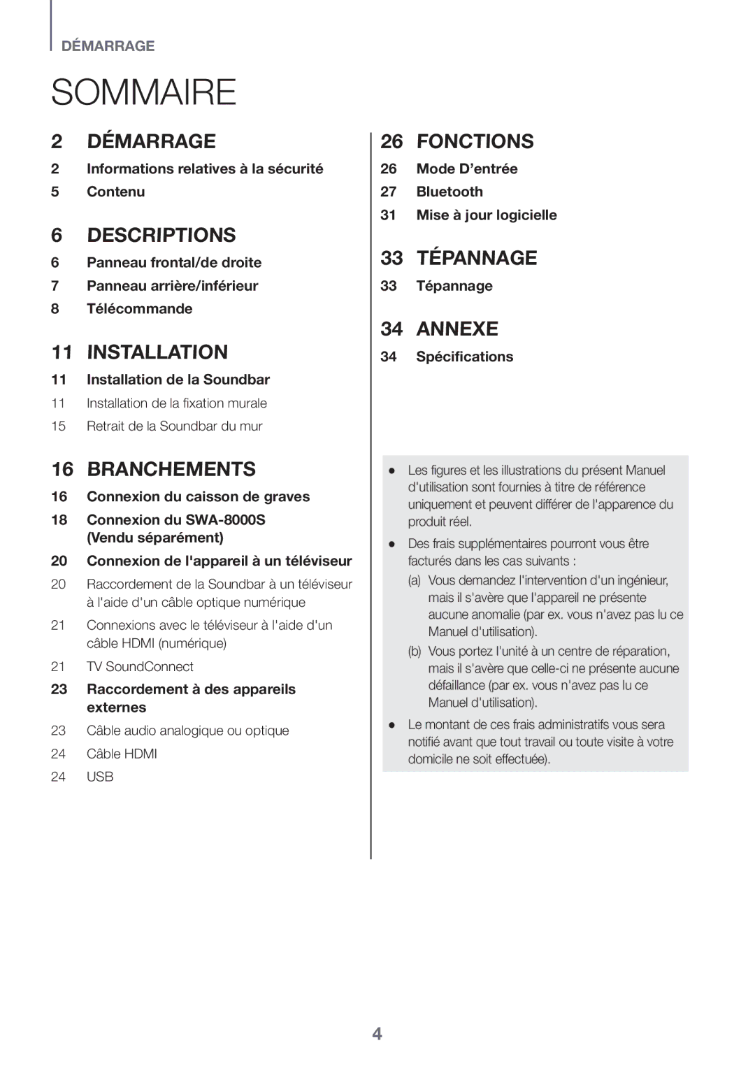 Samsung HW-K561/XE, HW-K551/EN, HW-K550/EN, HW-K551/ZF, HW-K550/ZF manual Sommaire, Connexion du SWA-8000S Vendu séparément 