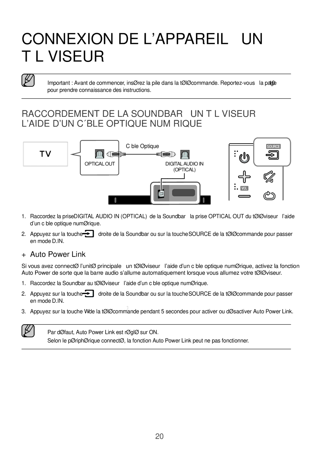 Samsung HW-K551/ZF, HW-K551/EN, HW-K550/EN, HW-K550/ZF, HW-K561/XE manual Connexion DE Lappareil À UN Téléviseur, En mode D.IN 