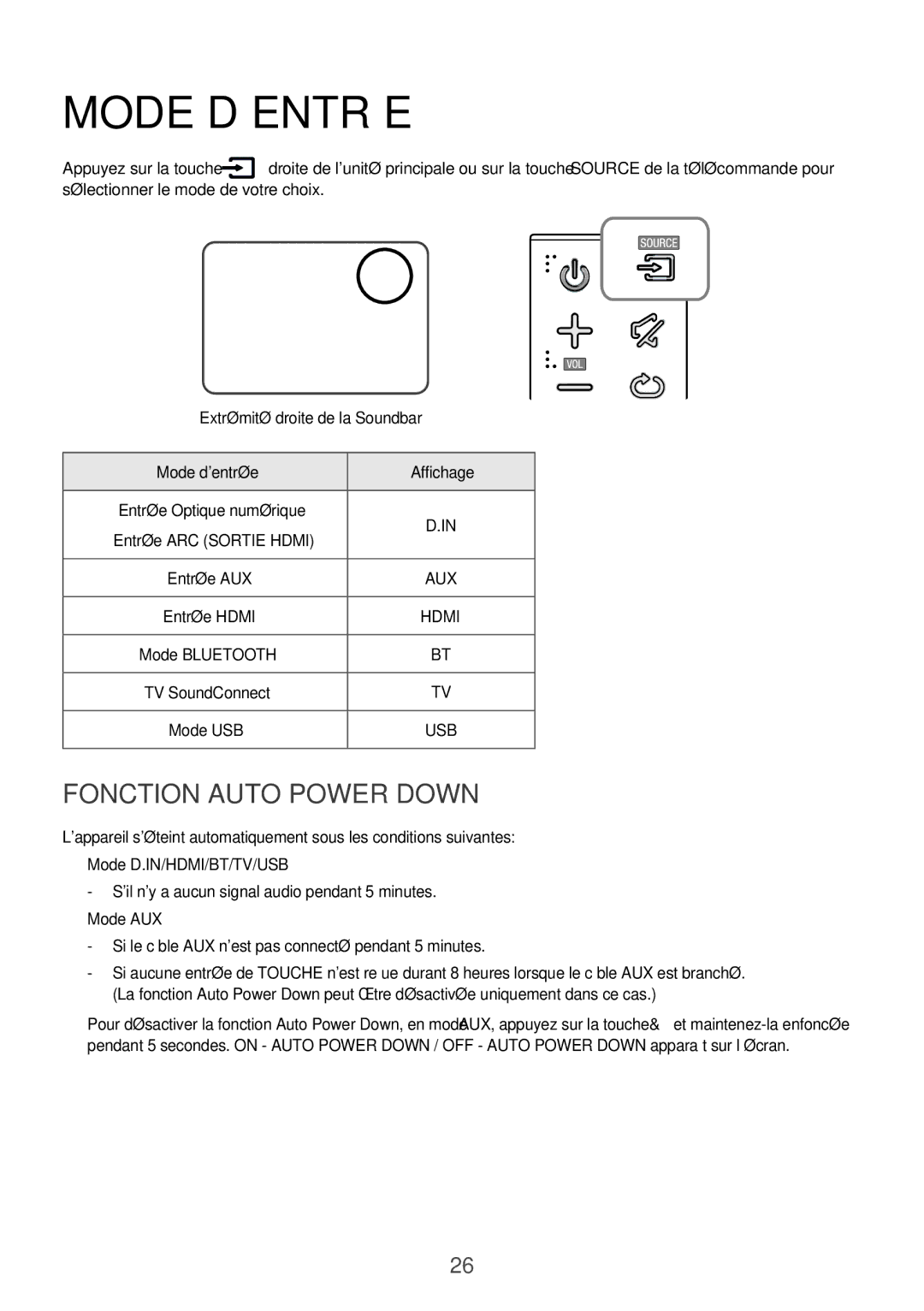 Samsung HW-K551/ZF, HW-K551/EN, HW-K550/EN, HW-K550/ZF manual Mode D’ENTRÉE, Fonction Auto Power Down, Mode dentrée Affichage 