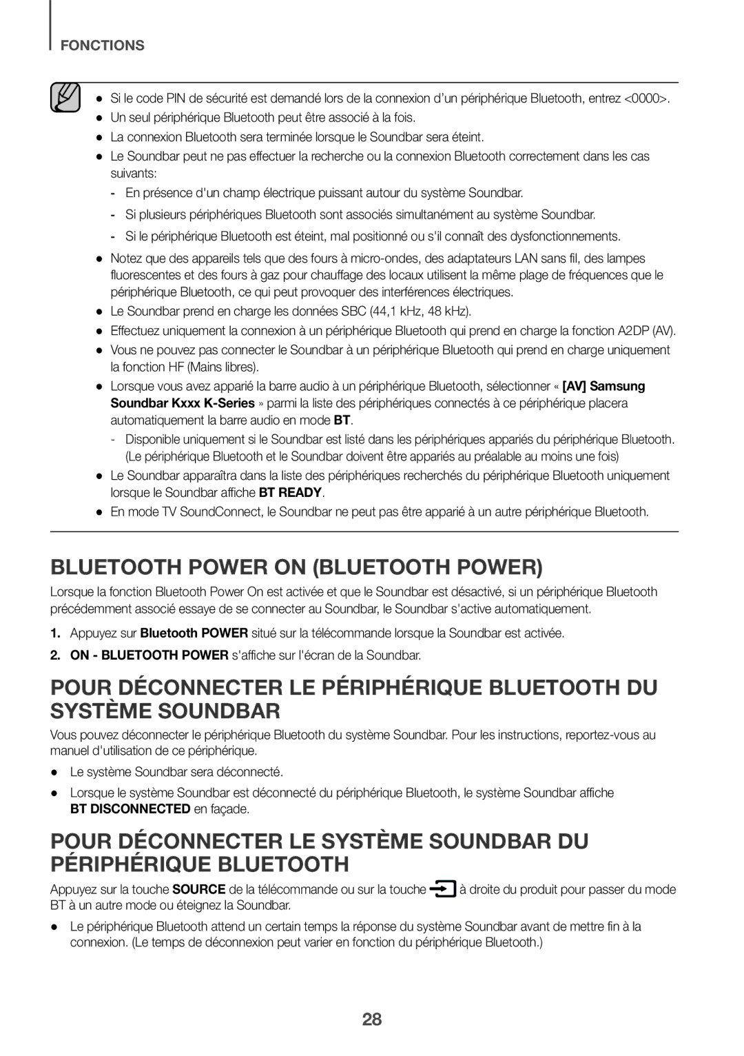 Samsung HW-K561/XE, HW-K551/EN, HW-K550/EN Bluetooth Power on Bluetooth Power, BT à un autre mode ou éteignez la Soundbar 