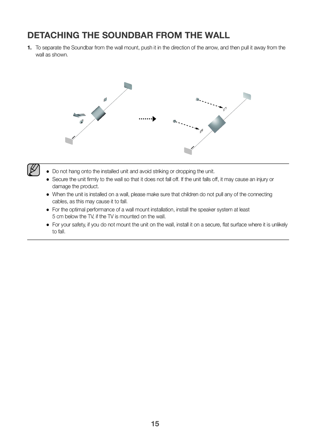 Samsung HW-K550/ZF, HW-K551/EN, HW-K550/EN, HW-K551/ZF, HW-K561/XE, HW-K560/XE manual Detaching the Soundbar from the Wall 