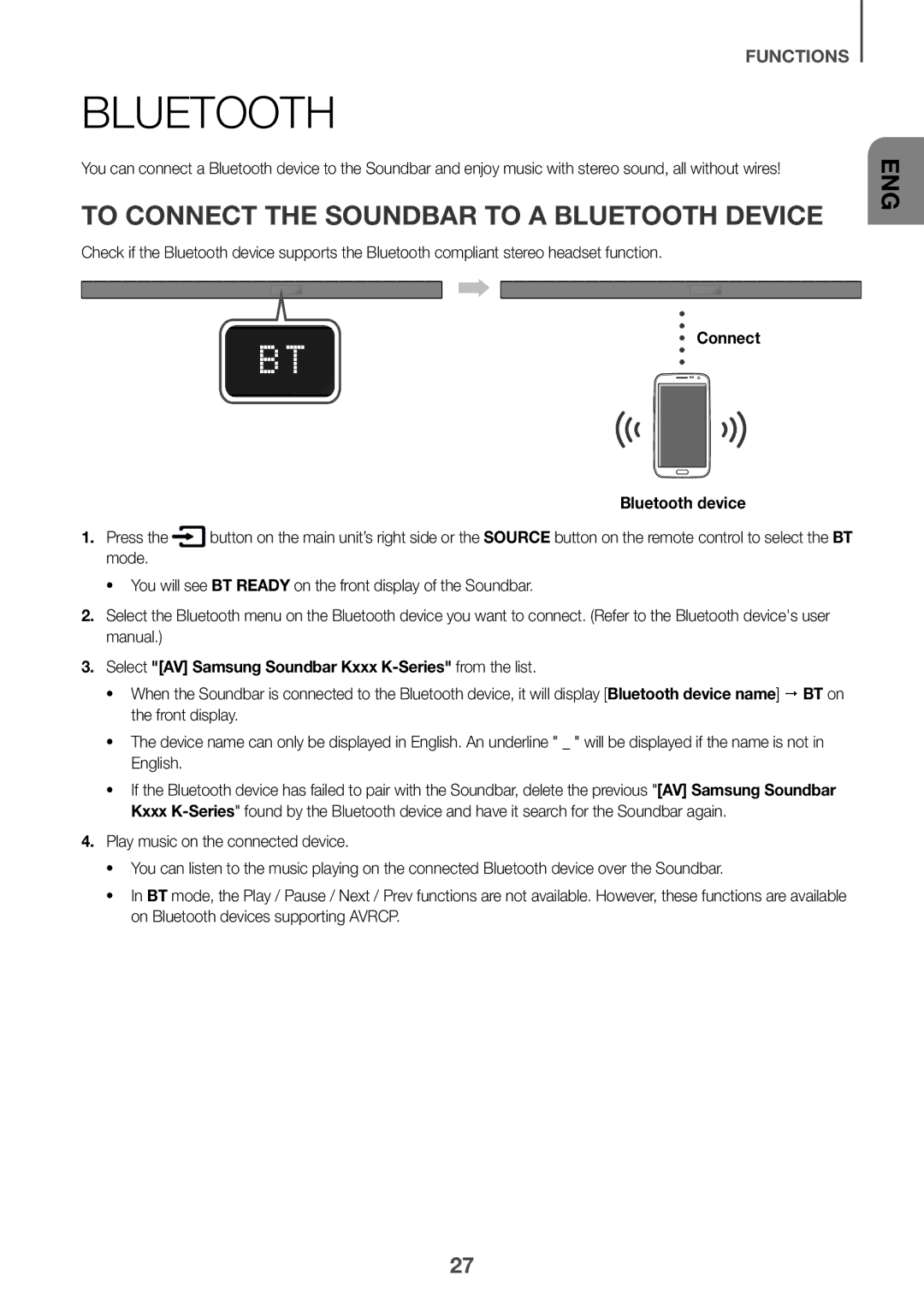 Samsung HW-K550/ZF, HW-K551/EN, HW-K550/EN manual To Connect the Soundbar to a Bluetooth Device, Connect Bluetooth device 