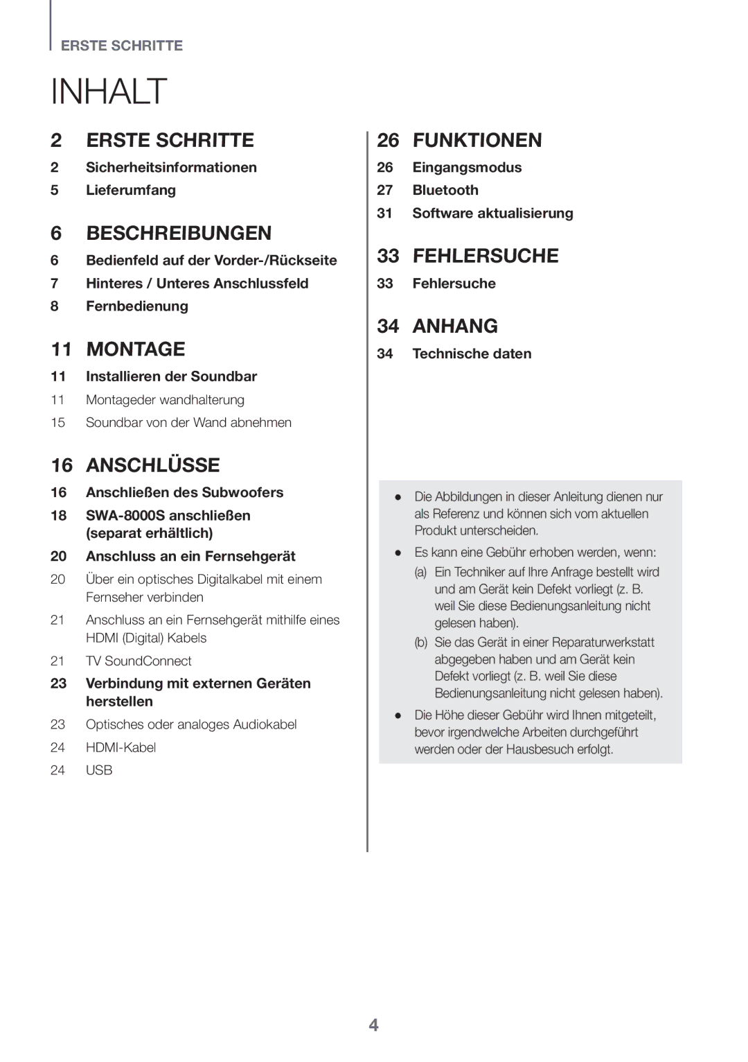 Samsung HW-K561/XE, HW-K551/EN, HW-K550/EN, HW-K551/ZF manual Inhalt, Montageder wandhalterung Soundbar von der Wand abnehmen 