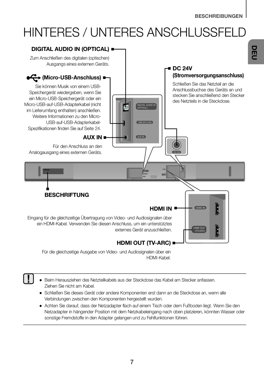 Samsung HW-K550/EN, HW-K551/EN, HW-K551/ZF manual DC 24V Stromversorgungsanschluss, Externes Gerät anzuschließen. Hdmi OUT 