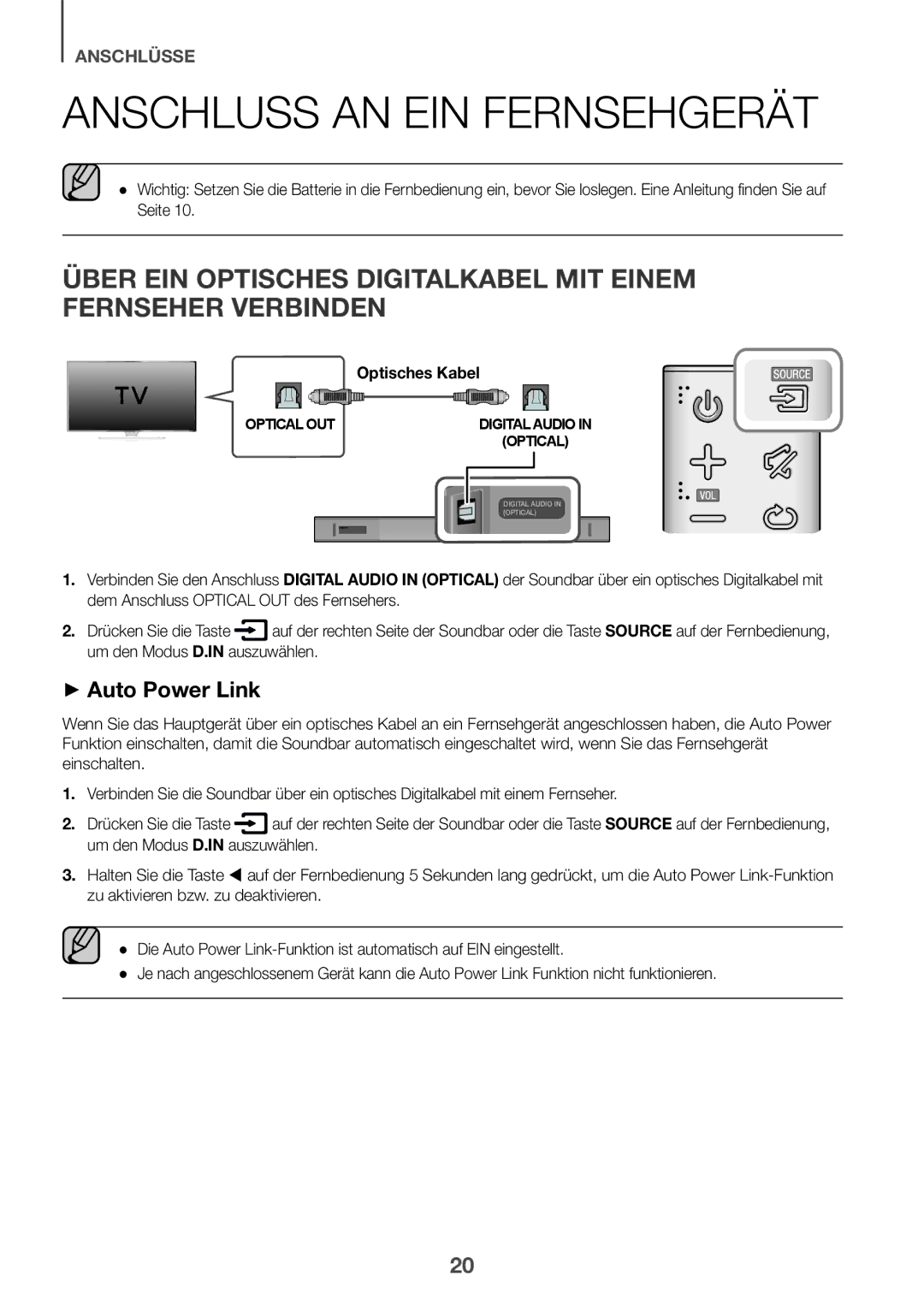 Samsung HW-K551/ZF, HW-K551/EN, HW-K550/EN, HW-K550/ZF, HW-K561/XE, HW-K560/XE Anschluss AN EIN Fernsehgerät, Optisches Kabel 