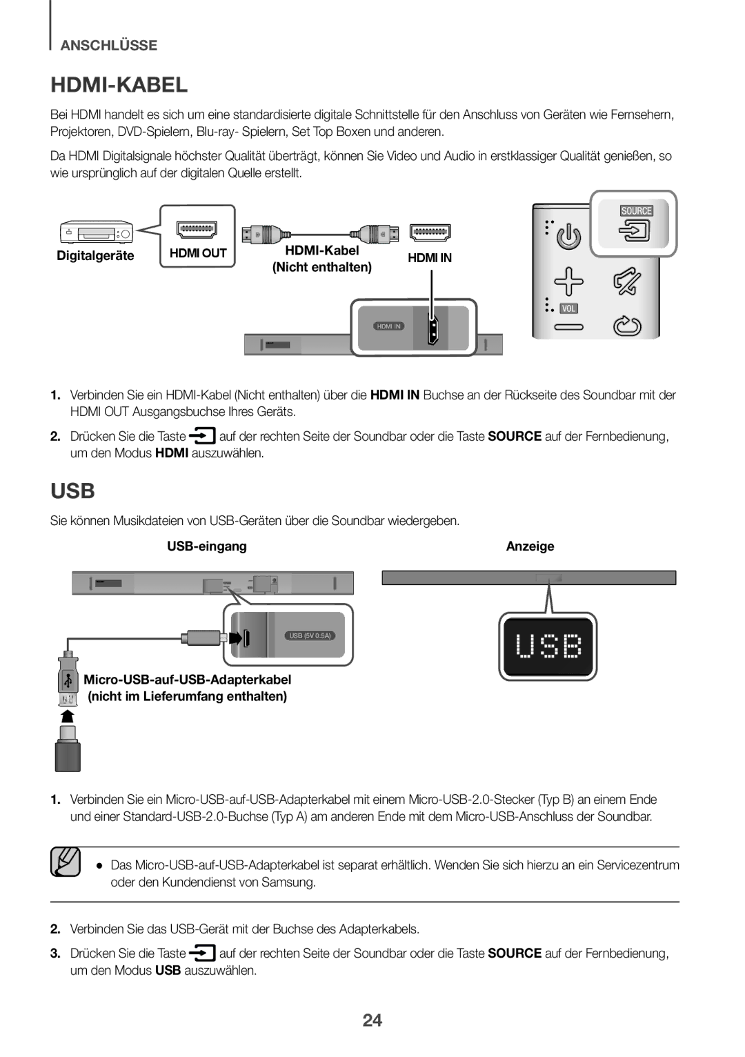 Samsung HW-K551/EN Hdmi-Kabel, Digitalgeräte, Drücken Sie die Taste, Um den Modus Hdmi auszuwählen, USB-eingang Anzeige 