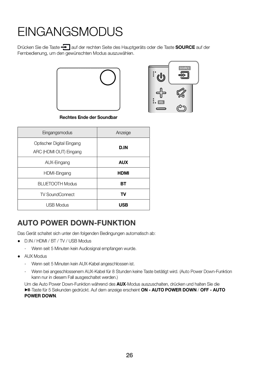 Samsung HW-K551/ZF, HW-K551/EN, HW-K550/EN, HW-K550/ZF, HW-K561/XE manual Auto Power DOWN-FUNKTION, Eingangsmodus Anzeige 