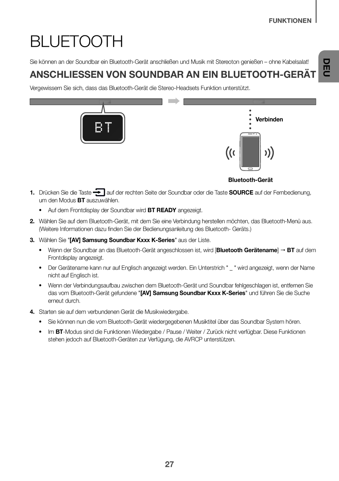 Samsung HW-K550/ZF, HW-K551/EN, HW-K550/EN, HW-K551/ZF, HW-K561/XE manual Verbinden Bluetooth-Gerät, Drücken Sie die Taste 