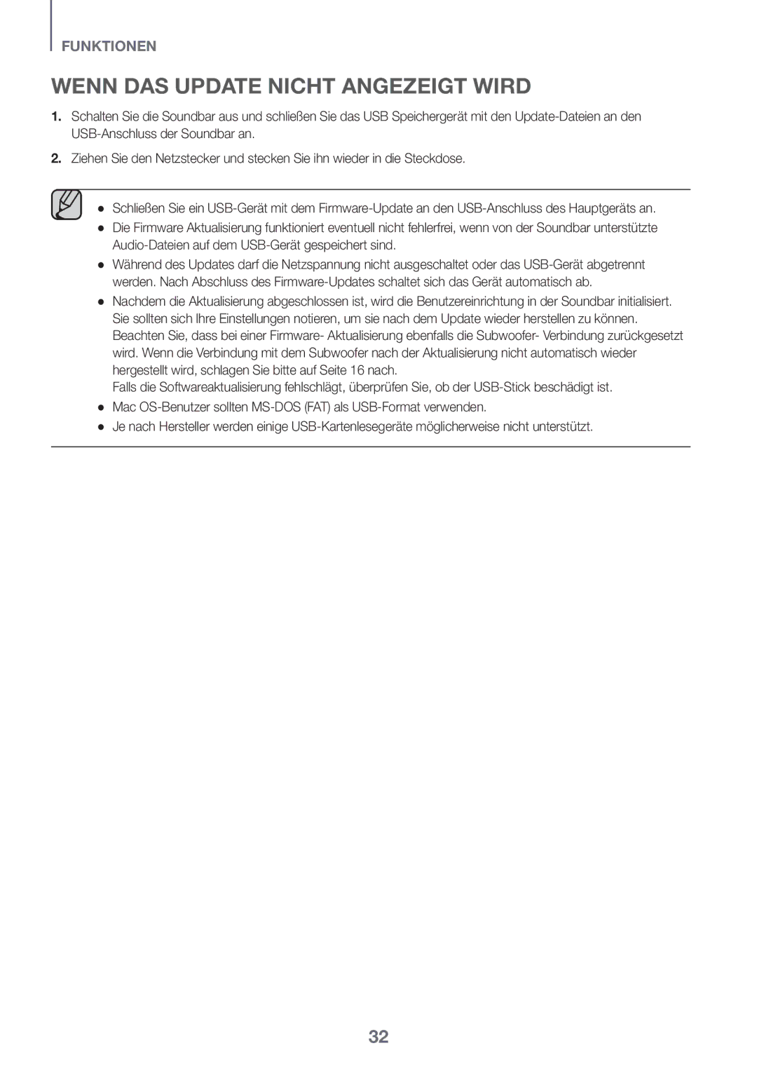 Samsung HW-K551/ZF, HW-K551/EN manual Wenn DAS Update Nicht Angezeigt Wird, Audio-Dateien auf dem USB-Gerät gespeichert sind 