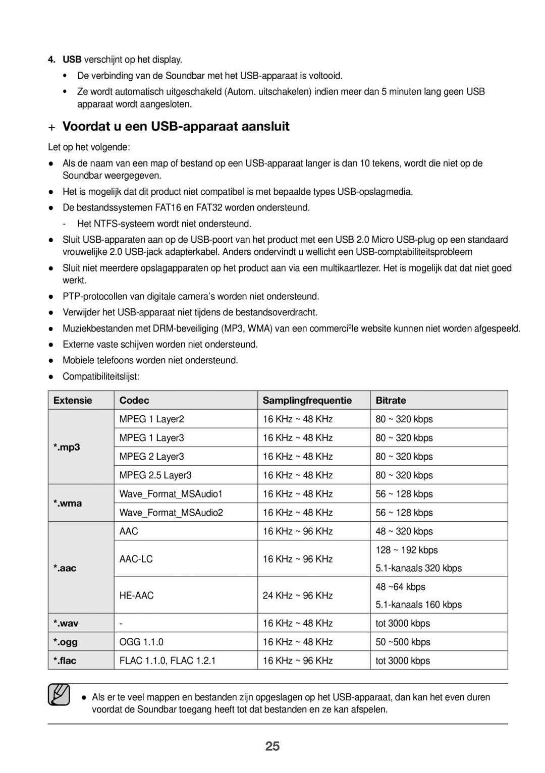 Samsung HW-K550/EN, HW-K551/EN, HW-K551/ZF ++Voordat u een USB-apparaat aansluit, Extensie Codec Samplingfrequentie Bitrate 