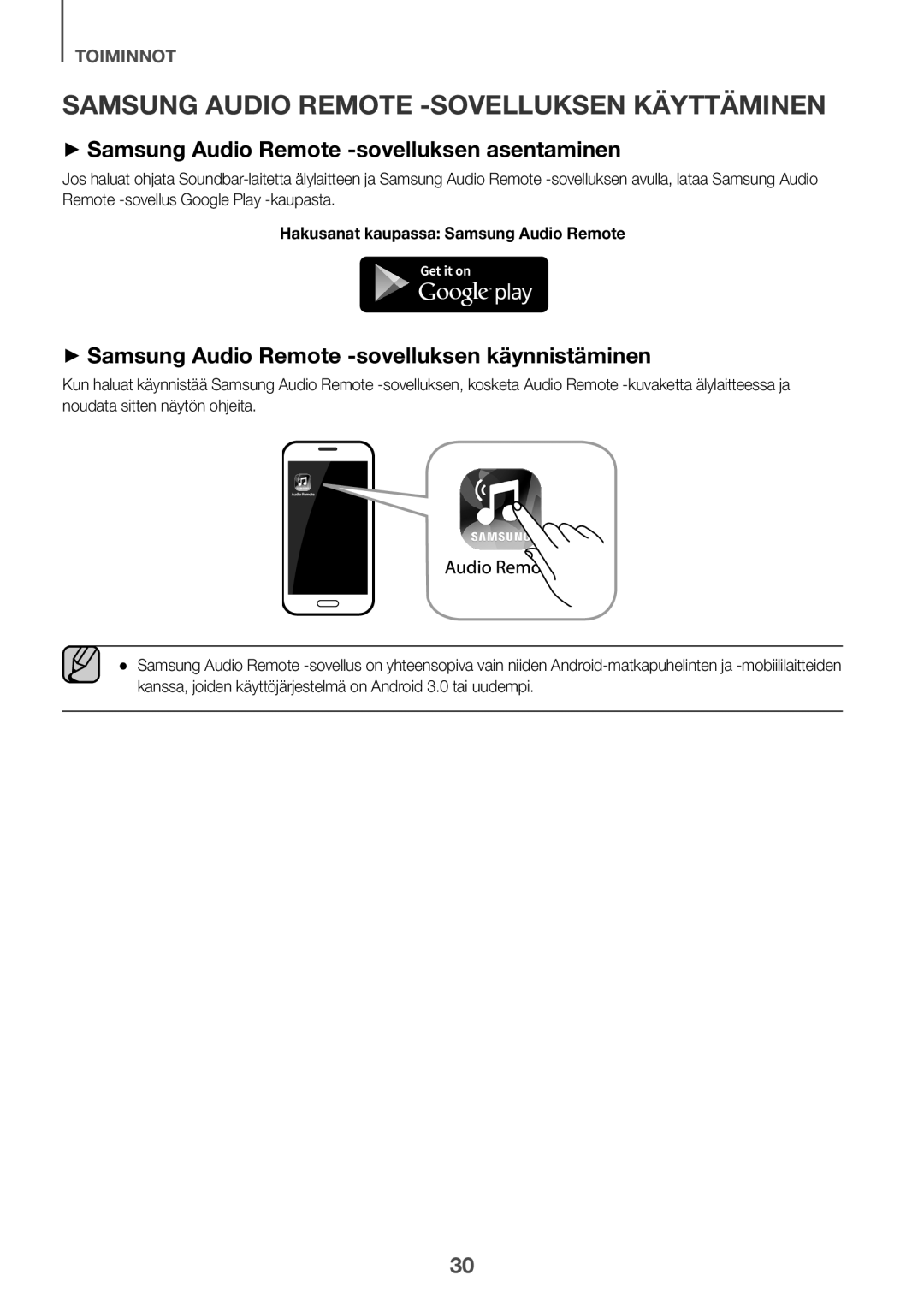 Samsung HW-K551/EN manual Samsung Audio Remote -SOVELLUKSEN Käyttäminen, ++Samsung Audio Remote -sovelluksen asentaminen 