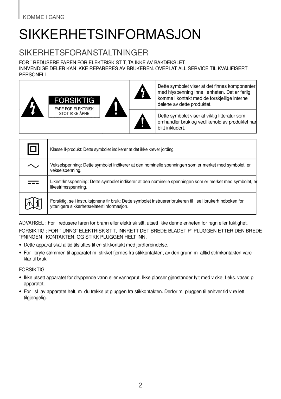 Samsung HW-K551/ZF, HW-K551/EN, HW-K550/EN, HW-K550/ZF, HW-K561/XE manual Sikkerhetsinformasjon, Sikerhetsforanstaltninger 