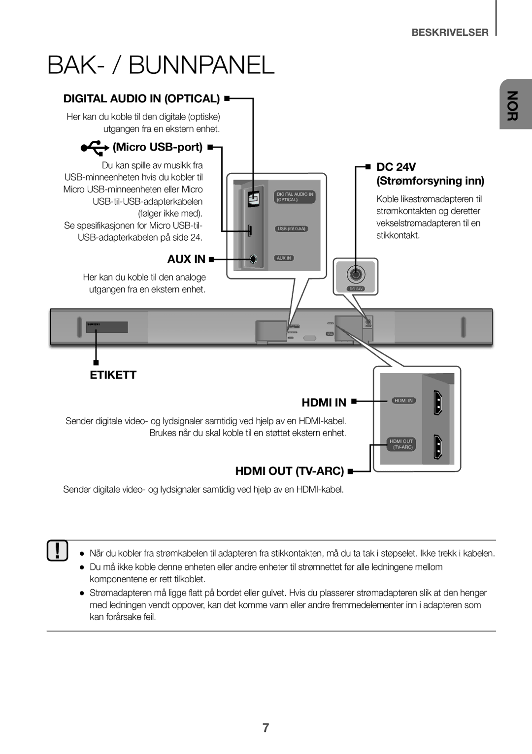 Samsung HW-K550/EN, HW-K551/EN, HW-K551/ZF, HW-K550/ZF, HW-K561/XE, HW-K560/XE manual BAK- / Bunnpanel, Micro USB-port 