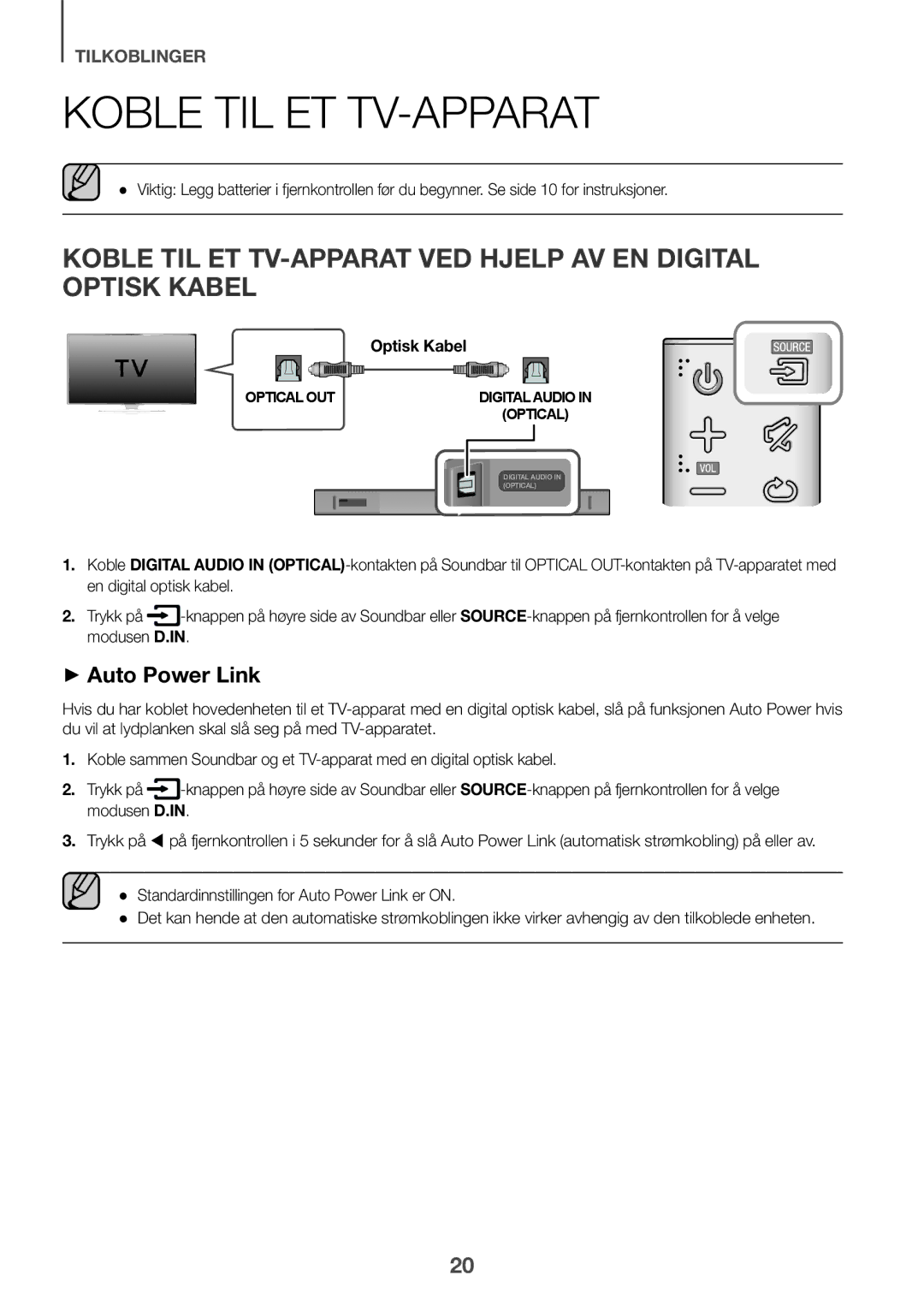 Samsung HW-K551/ZF, HW-K551/EN, HW-K550/EN, HW-K550/ZF manual Koble TIL ET TV-APPARAT VED Hjelp AV EN Digital Optisk Kabel 