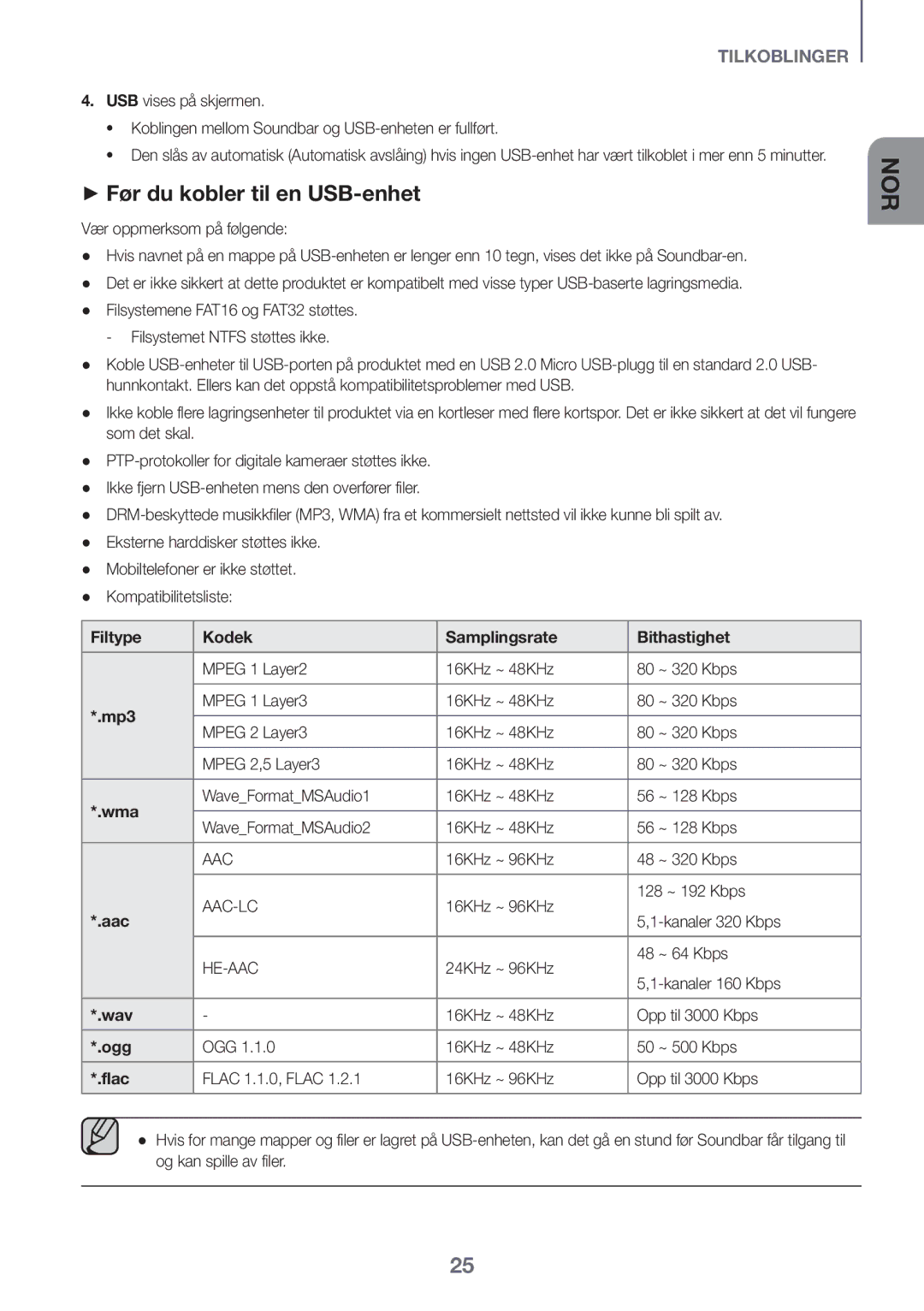 Samsung HW-K550/EN, HW-K551/EN, HW-K551/ZF manual ++Før du kobler til en USB-enhet, Filtype Kodek Samplingsrate Bithastighet 