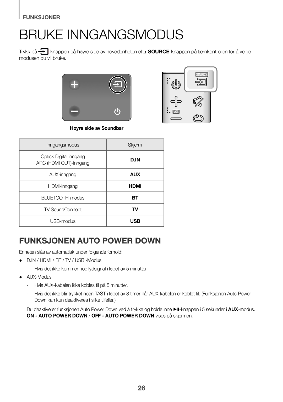 Samsung HW-K551/ZF, HW-K551/EN, HW-K550/EN, HW-K550/ZF Bruke Inngangsmodus, Funksjonen Auto Power Down, Inngangsmodus Skjerm 