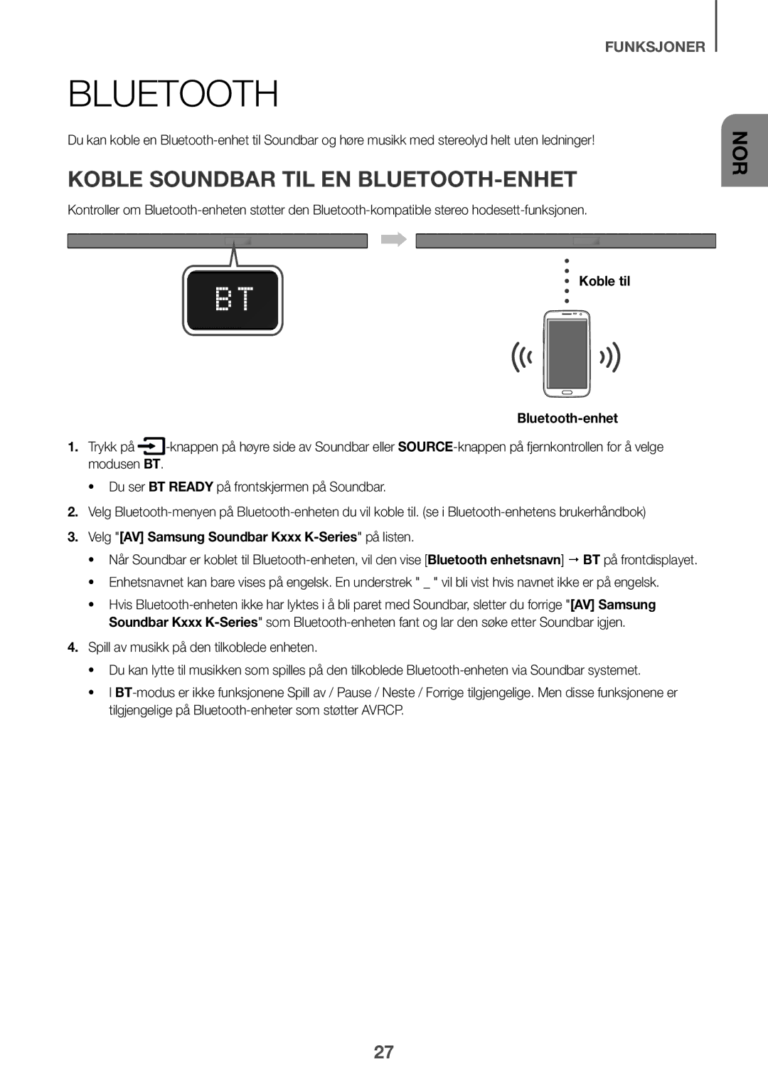 Samsung HW-K550/ZF, HW-K551/EN, HW-K550/EN, HW-K551/ZF manual Koble Soundbar TIL EN BLUETOOTH-ENHET, Koble til Bluetooth-enhet 