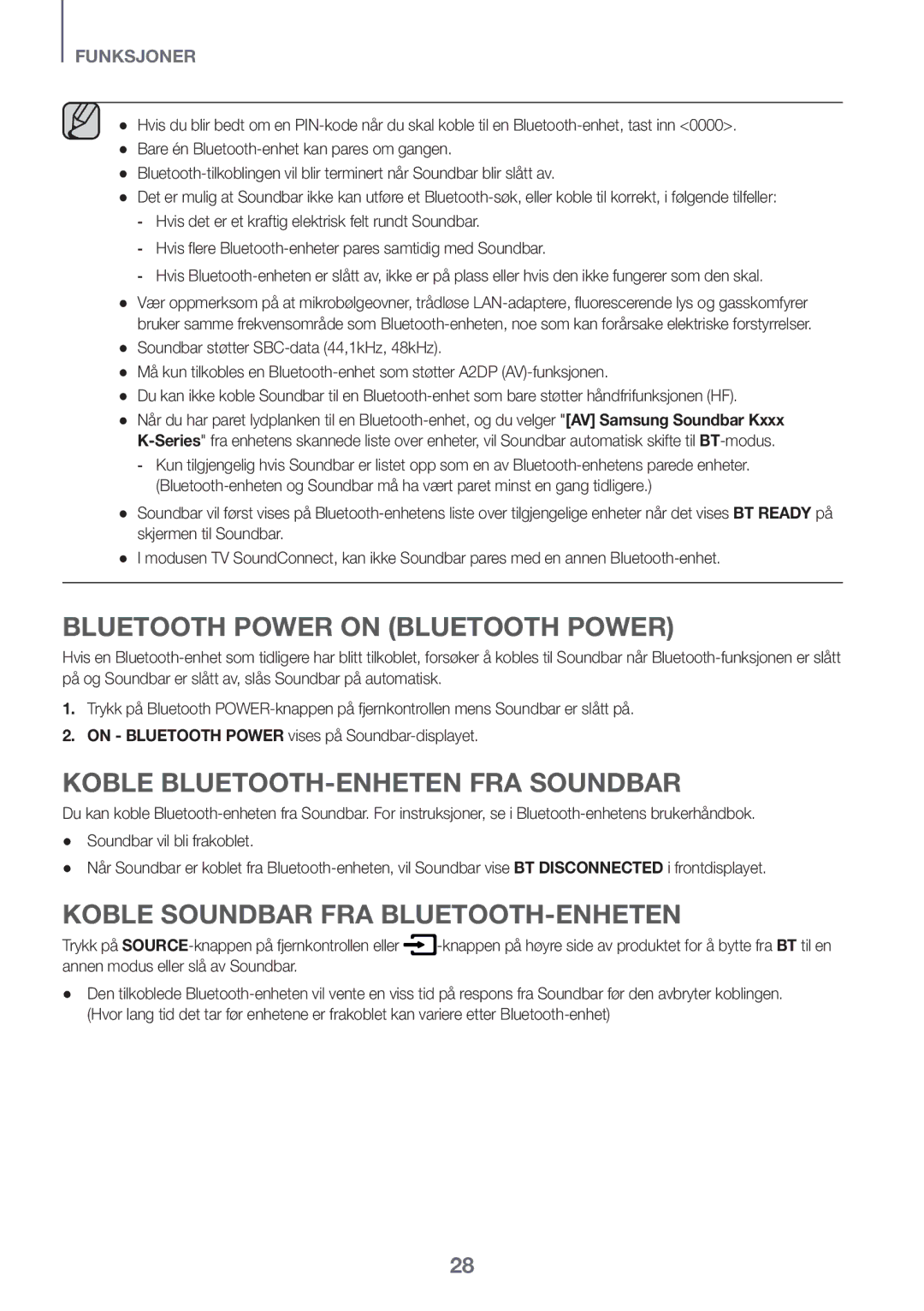 Samsung HW-K561/XE, HW-K551/EN, HW-K550/EN manual Koble BLUETOOTH-ENHETEN FRA Soundbar, Koble Soundbar FRA BLUETOOTH-ENHETEN 