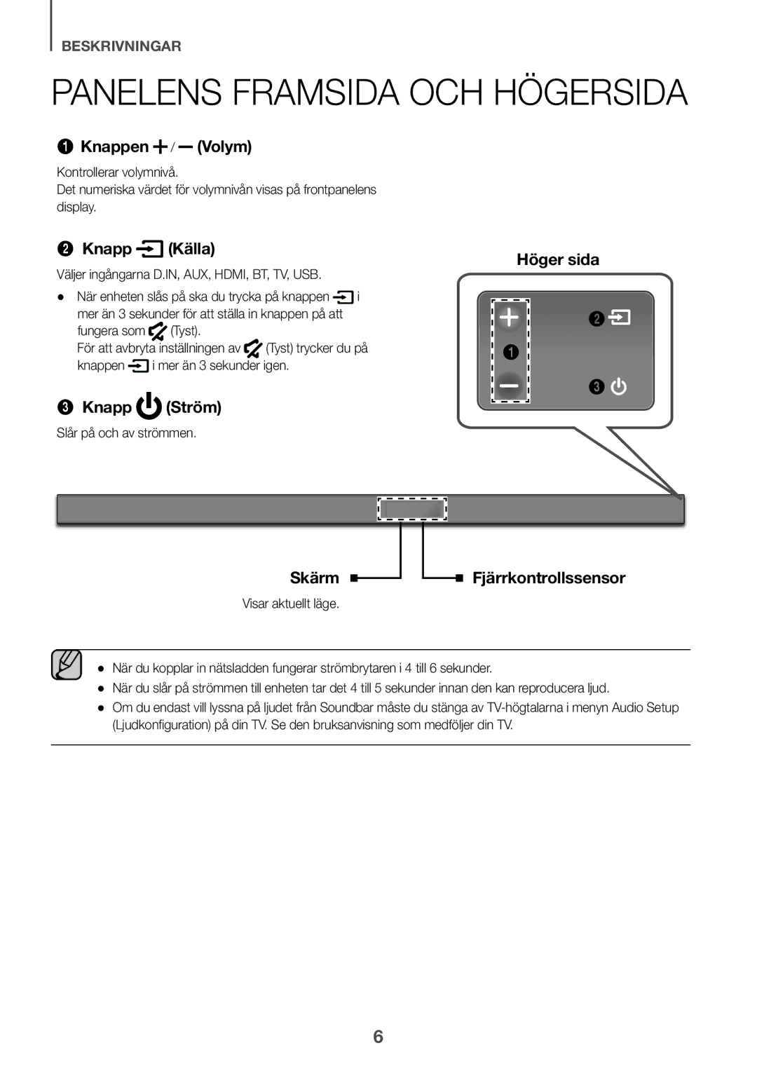 Samsung HW-K551/EN, HW-K550/EN manual Tyst, Knappen Mer än 3 sekunder igen, Slår på och av strömmen, Visar aktuellt läge 