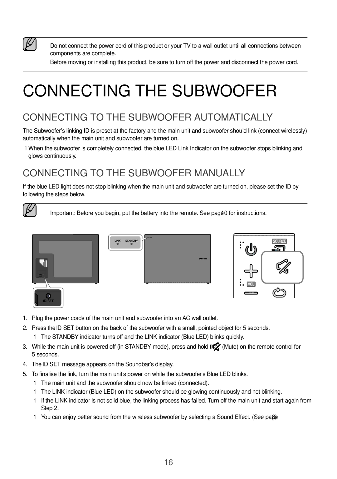 Samsung HW-K561/XE, HW-K551/EN, HW-K550/EN, HW-K551/ZF Connecting the Subwoofer, Connecting to the Subwoofer Automatically 