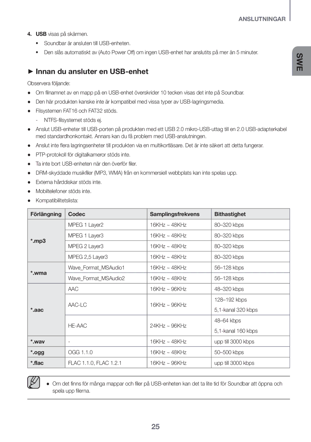 Samsung HW-K550/EN, HW-K551/EN manual ++Innan du ansluter en USB-enhet, Förlängning Codec Samplingsfrekvens Bithastighet 