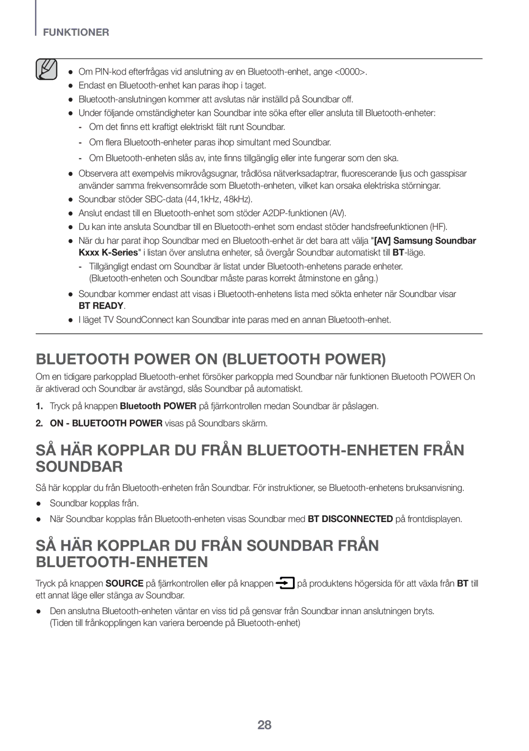 Samsung HW-K561/XE, HW-K551/EN, HW-K550/EN, HW-K551/ZF, HW-K550/ZF SÅ HÄR Kopplar DU Från BLUETOOTH-ENHETEN Från Soundbar 