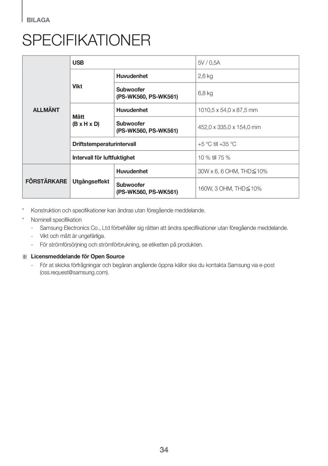 Samsung HW-K561/XE, HW-K551/EN, HW-K550/EN, HW-K551/ZF manual Vikt Huvudenhet Subwoofer, Aa Licensmeddelande för Open Source 