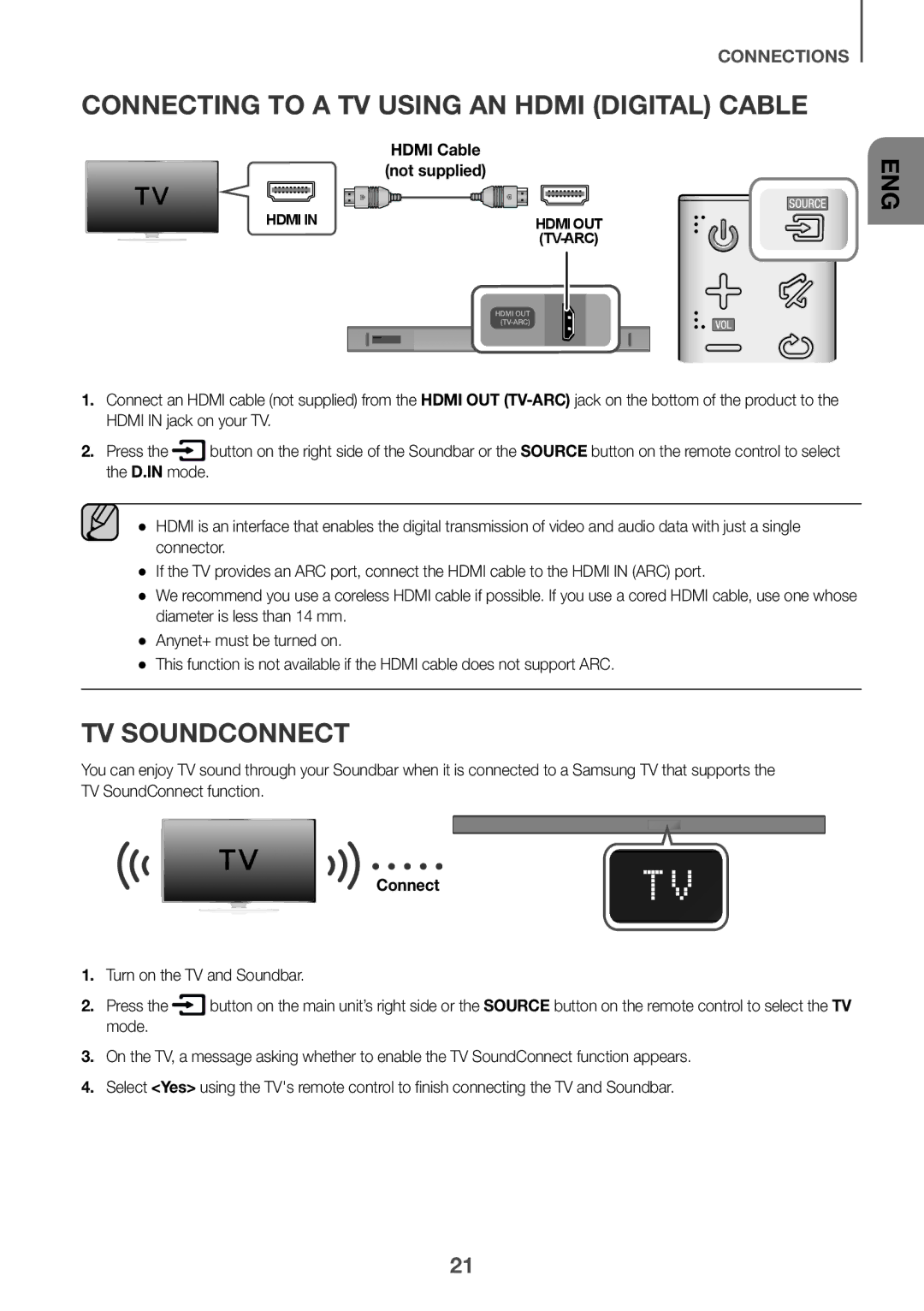 Samsung HW-K550/ZF Connecting to a TV Using AN Hdmi Digital Cable, TV Soundconnect, Turn on the TV and Soundbar Press 