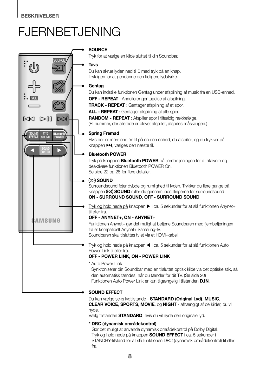 Samsung HW-K551/ZF, HW-K551/EN, HW-K550/EN manual Fjernbetjening, Tavs, Gentag, Spring Fremad, DRC dynamisk områdekontrol 