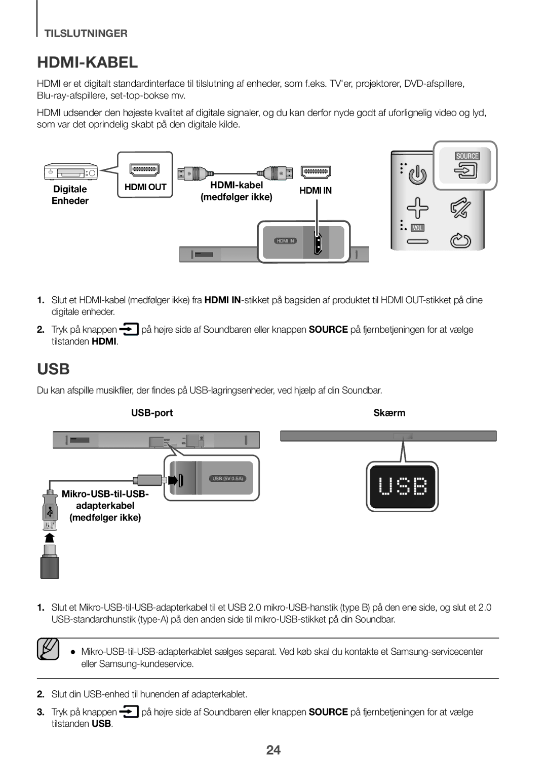 Samsung HW-K551/EN Hdmi-Kabel, Tilstanden Hdmi, USB-port, Mikro-USB-til-USB Adapterkabel Medfølger ikke, Tilstanden USB 