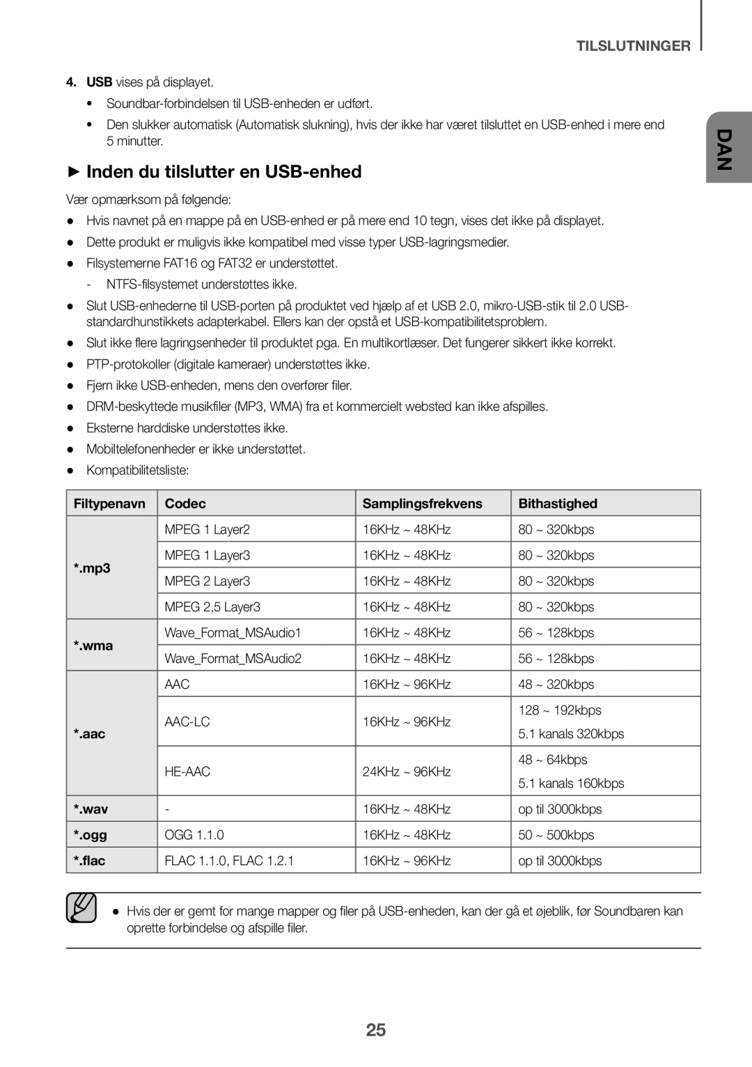 Samsung HW-K550/EN, HW-K551/EN manual ++Inden du tilslutter en USB-enhed, Filtypenavn Codec Samplingsfrekvens Bithastighed 