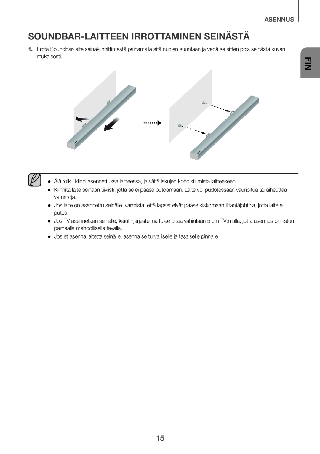 Samsung HW-K550/ZF, HW-K551/EN, HW-K550/EN, HW-K551/ZF, HW-K561/XE, HW-K560/XE manual SOUNDBAR-LAITTEEN Irrottaminen Seinästä 