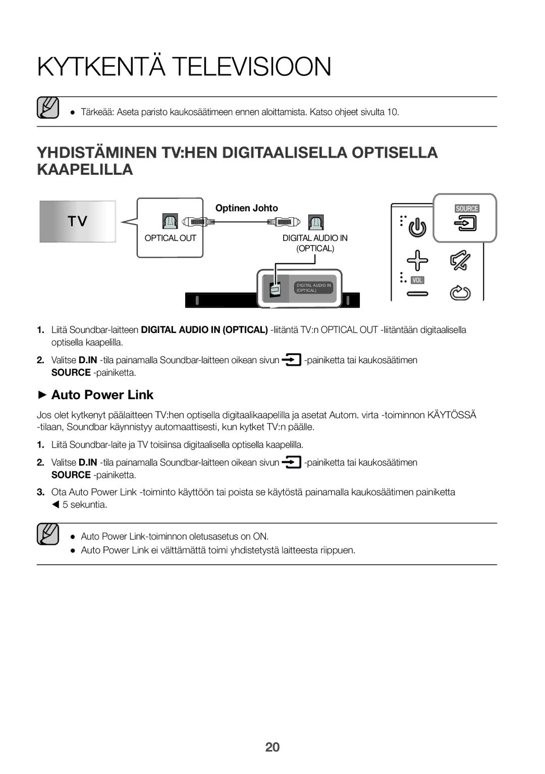 Samsung HW-K551/ZF, HW-K551/EN Kytkentä Televisioon, Yhdistäminen Tvhen Digitaalisella Optisella Kaapelilla, Optinen Johto 