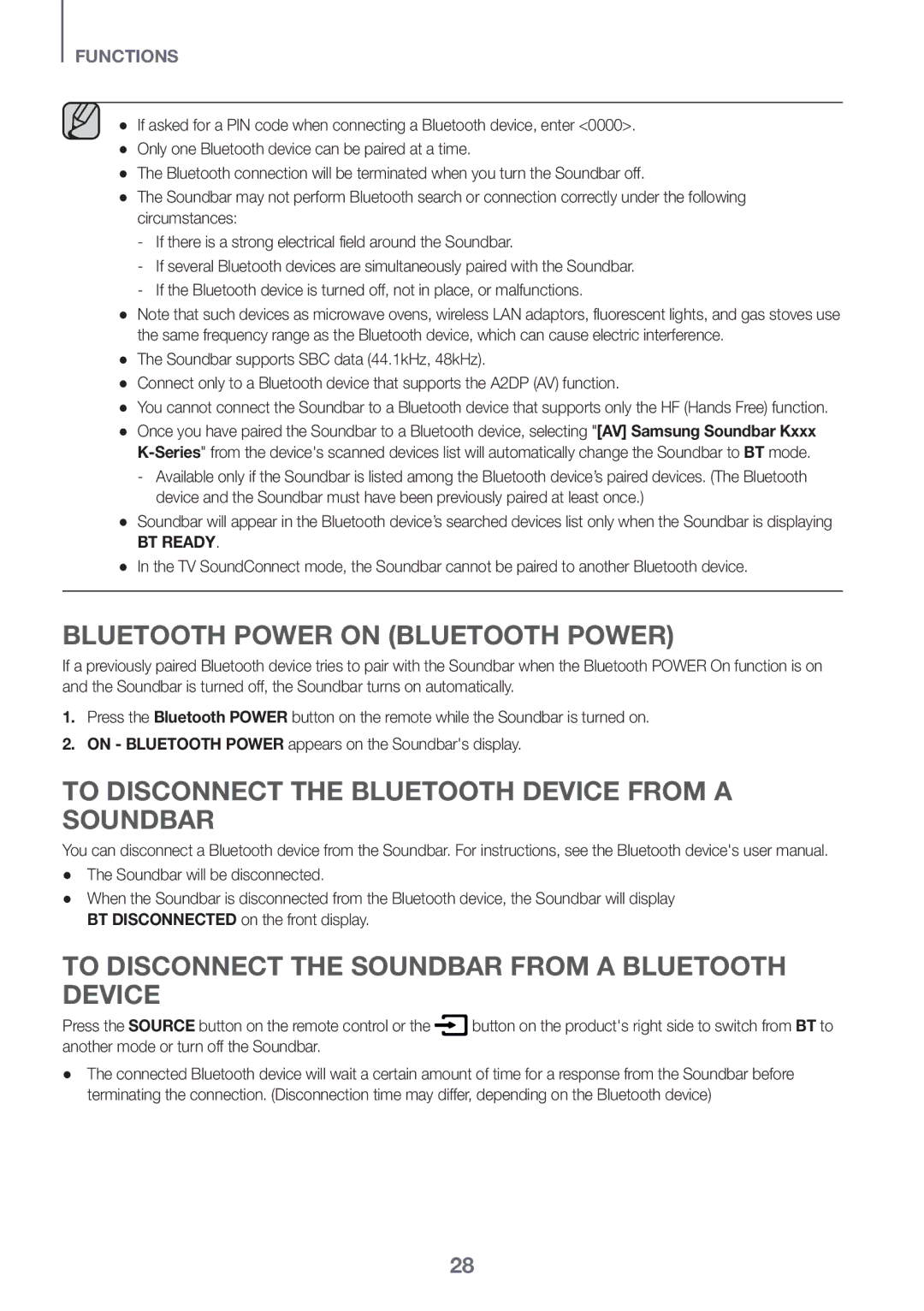 Samsung HW-K561/XE, HW-K551/EN manual Bluetooth Power on Bluetooth Power, To Disconnect the Bluetooth Device from a Soundbar 