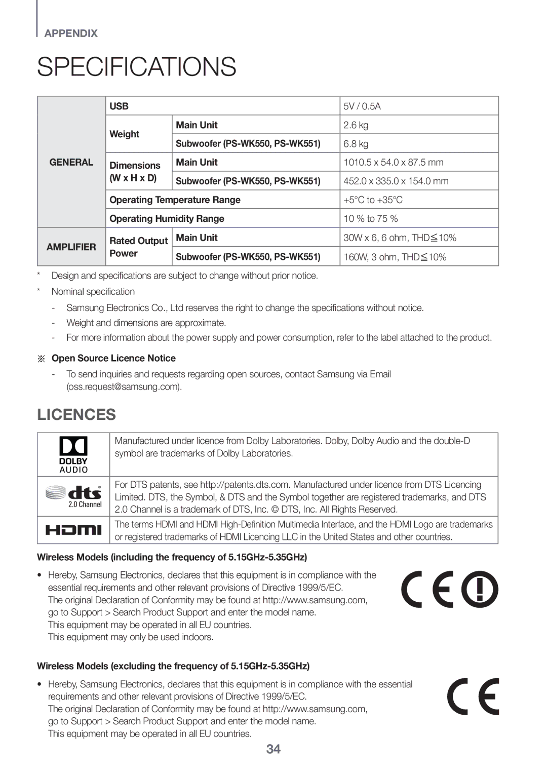 Samsung HW-K561/XE, HW-K551/EN, HW-K550/EN, HW-K551/ZF, HW-K550/ZF, HW-K560/XE manual Specifications, Licences 