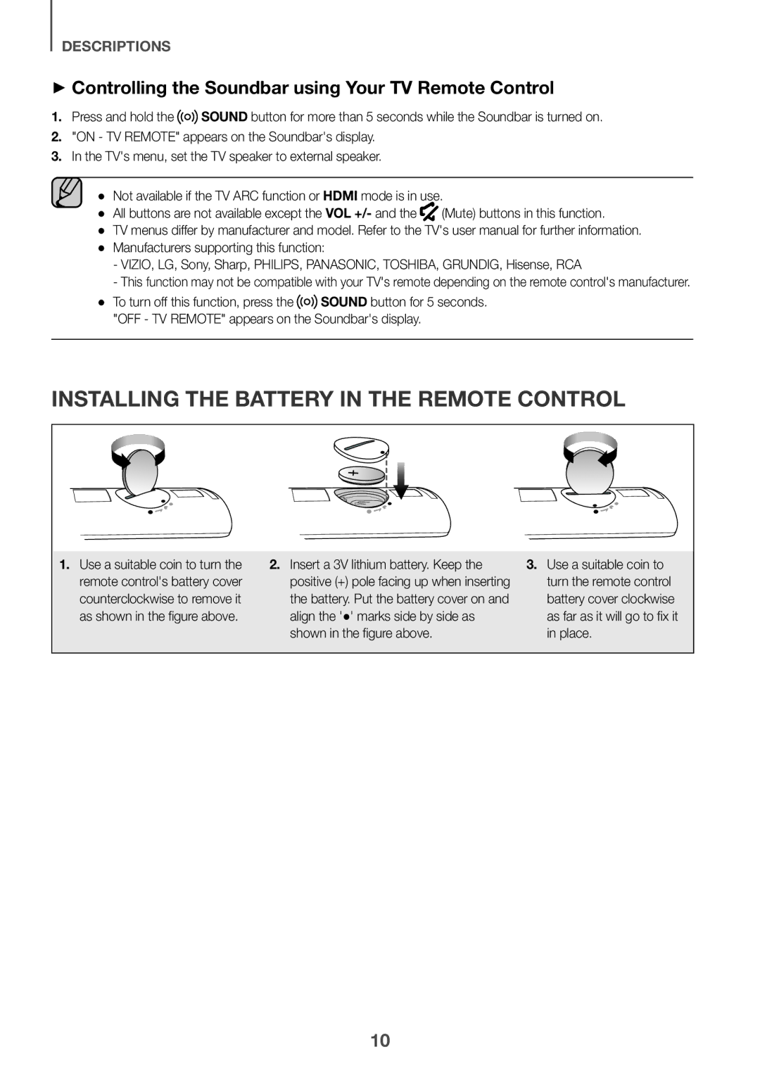 Samsung HW-K561/XE Installing the Battery in the Remote Control, ++Controlling the Soundbar using Your TV Remote Control 